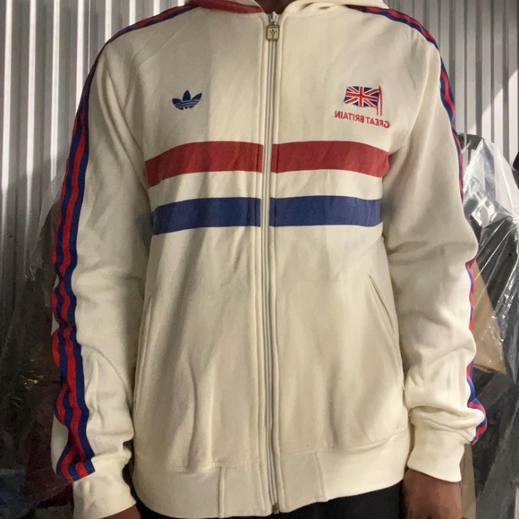 Adidas Men's Cream Zip-Up Sweater with Red and Blue Stripes